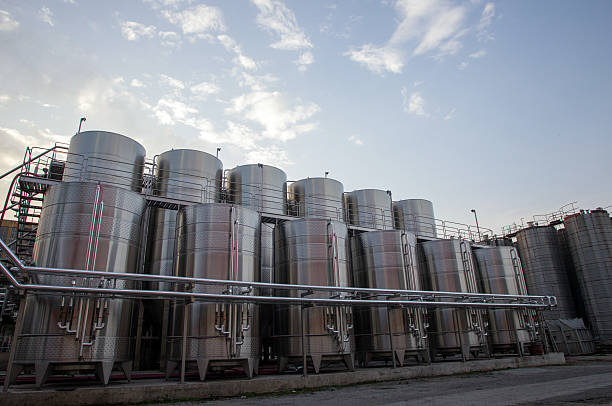 Modern aluminum barrels for wine in wine factory