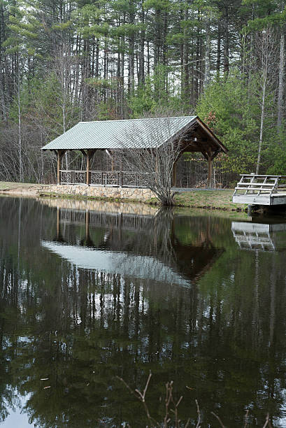 istock Picnic building on a lake with a dock 470059852