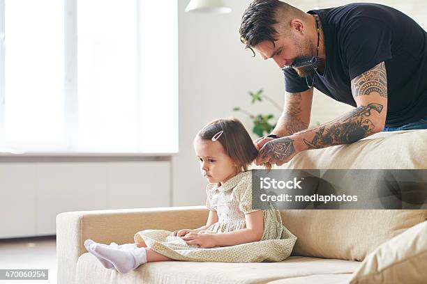 Doing Hair For Preschool Stock Photo - Download Image Now - Tattoo, Father, Men