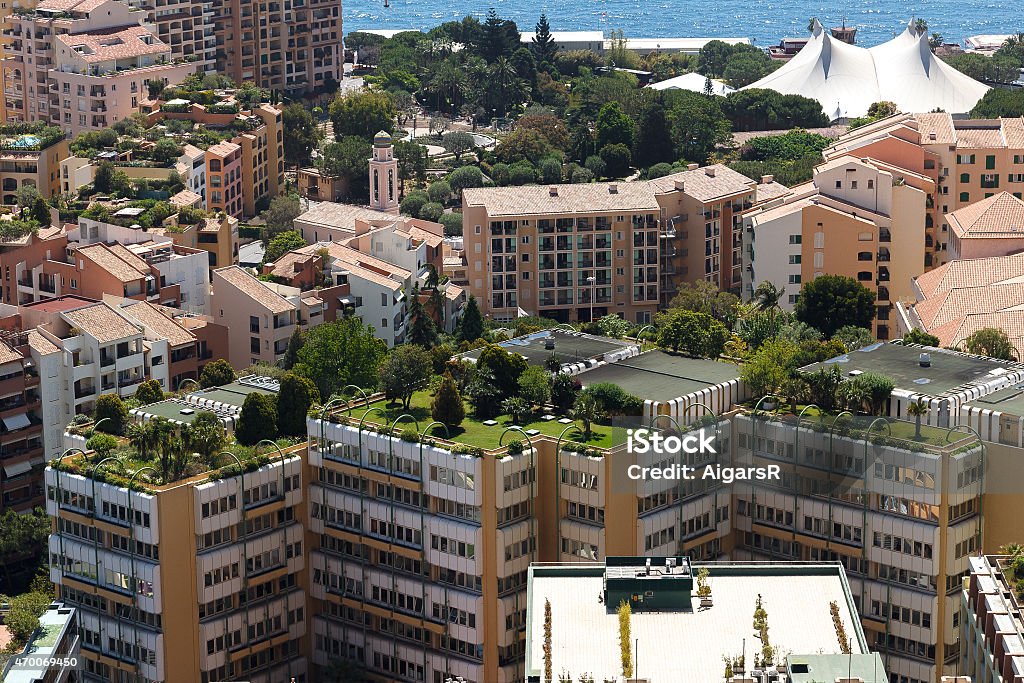 Aerial shot of high-rise buildings in Monaco Monaco building roofs with green gardens on  Roof Garden Stock Photo