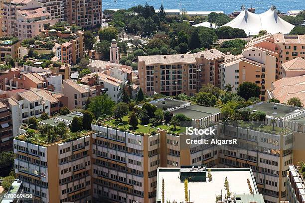 Aerial Shot Of Highrise Buildings In Monaco Stock Photo - Download Image Now - Roof Garden, Tree, 2015