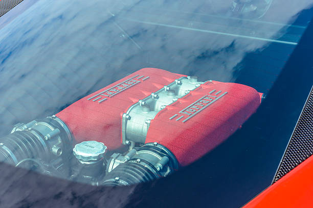 Zandvoort, The Netherlands - June 29, 2014: Ferrari 458 Italia sports car V8 engine. The car is on display in the paddock of the Zandvoort race track during the 2014 Italia a Zandvoort day.