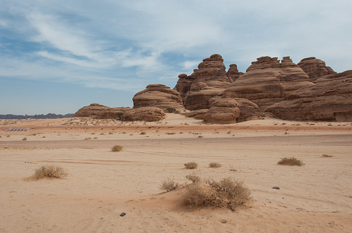 Rock formations near Al-Ula in the deserts of Saudi Arabia.