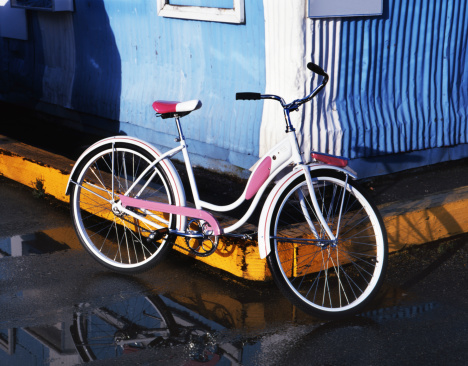 A restored 1959 Schwinn Fiesta ladies bicycle.