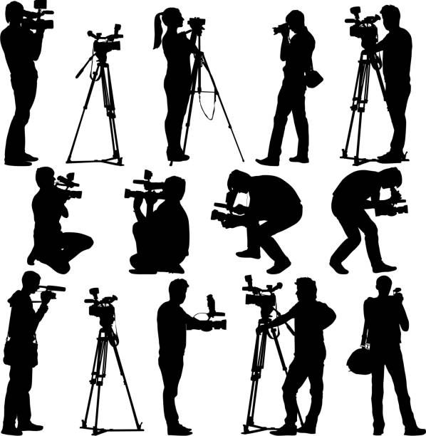 Cameraman with video camera. Cameraman with video camera. Silhouettes on white background. Vector illustration. industry silhouettes stock illustrations