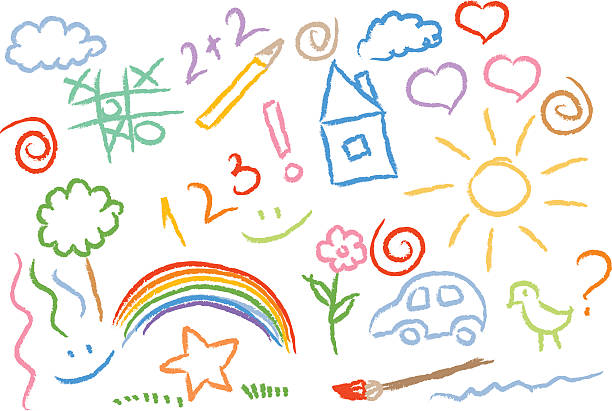 illustrazioni stock, clip art, cartoni animati e icone di tendenza di bambini disegno multicolore simboli vettoriali insieme - giochi per bambini immagine