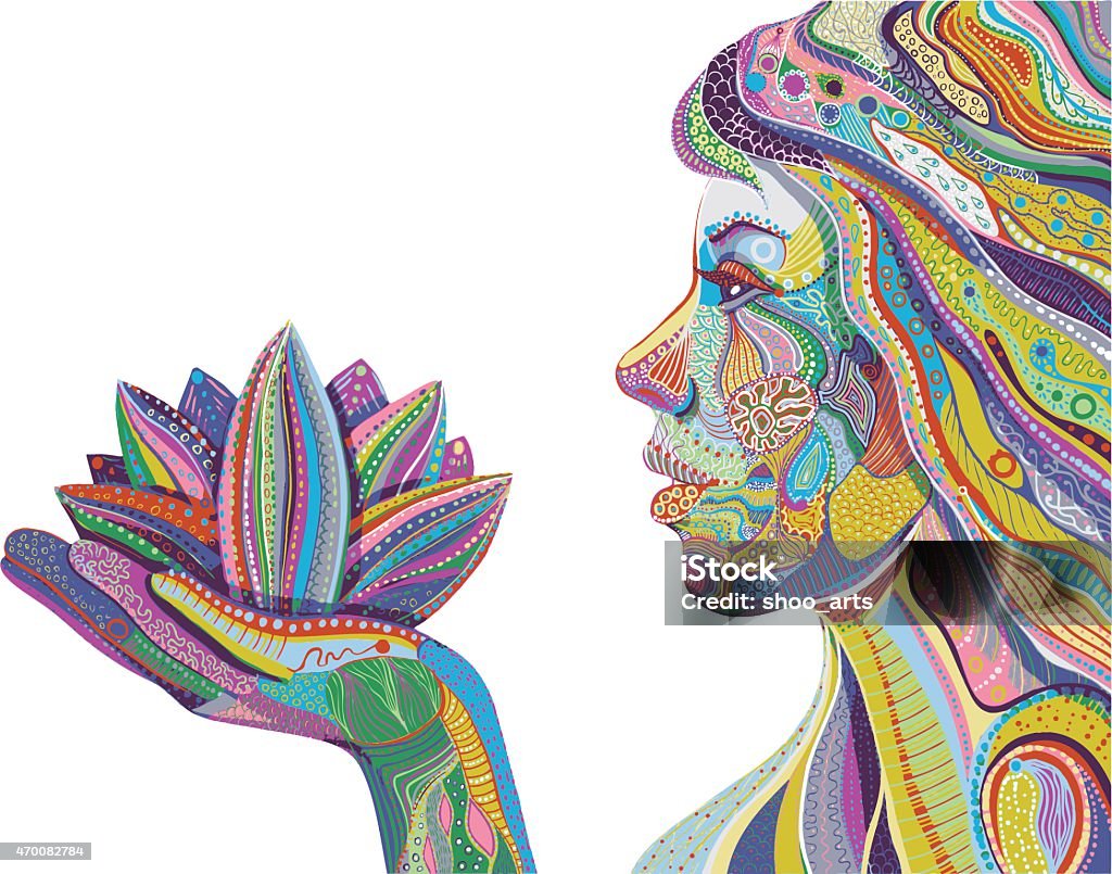 woman with lotus flower, bright ornate pattern vector Women stock vector