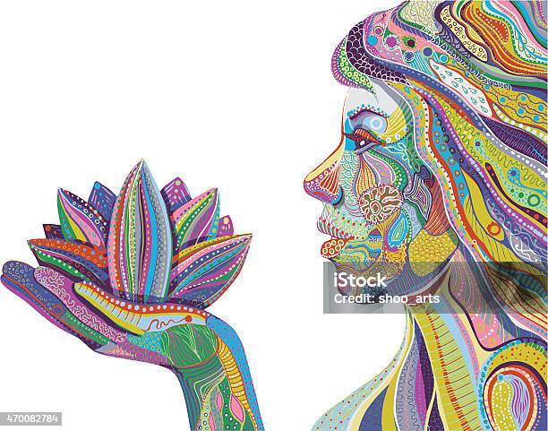 Woman With Lotus Flower Bright Ornate Pattern Vector Stock Illustration - Download Image Now
