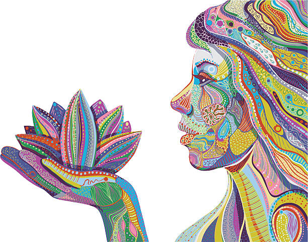 woman with lotus flower, bright ornate pattern vector - 精神上的 插圖 幅插畫檔、美工圖案、卡通及圖標