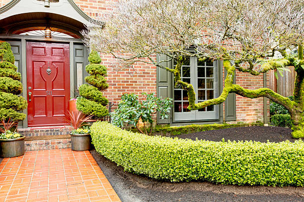 istock Classic brick house entrance with trim hedge 470083313