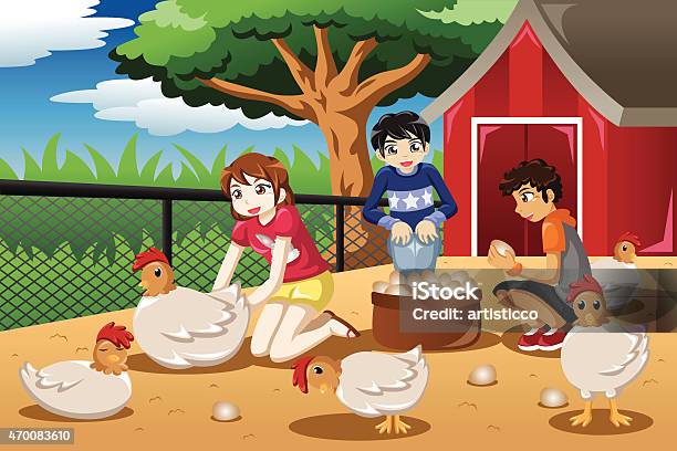 Children Collecting Eggs From The Farm Stock Illustration - Download Image Now - 2015, Animal, Animal Egg