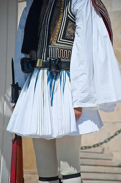 Evzones are  the members of the Proedriki Froura (Presidential Guard), an elite ceremonial unit that guards the Greek Parliament and Presidential Mansion.