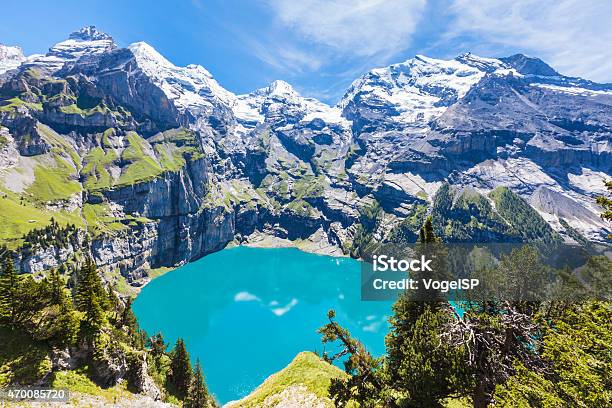 Panorama View Of Oeschinensee On Bernese Oberla Stock Photo - Download Image Now