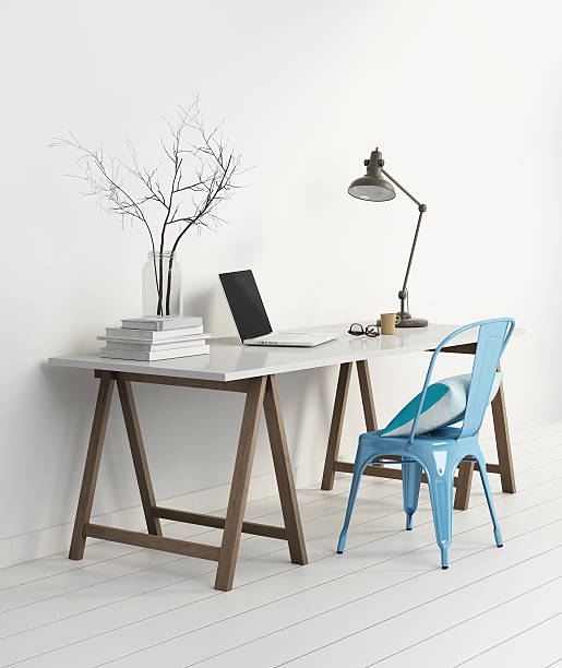 istock Elegant minimal white home office with blue chair 470089228