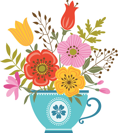 Bunch of flowers in blue teacup.