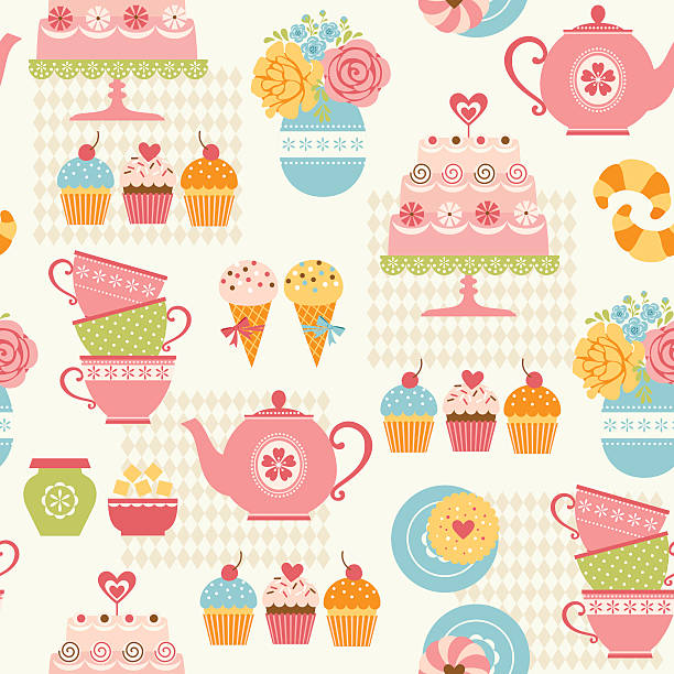 티파티 패턴 - flower cherry cup tea stock illustrations