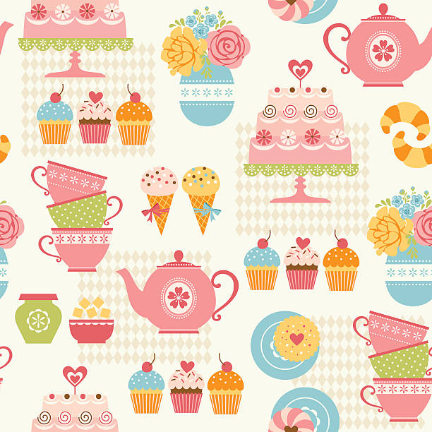 ilustrações de stock, clip art, desenhos animados e ícones de festa de chá padrão - flower cherry cup tea