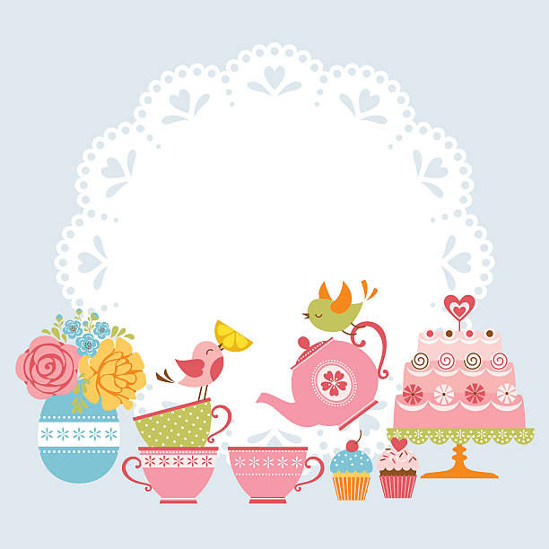 tea-party-einladung - tea cup afternoon tea tea teapot stock-grafiken, -clipart, -cartoons und -symbole