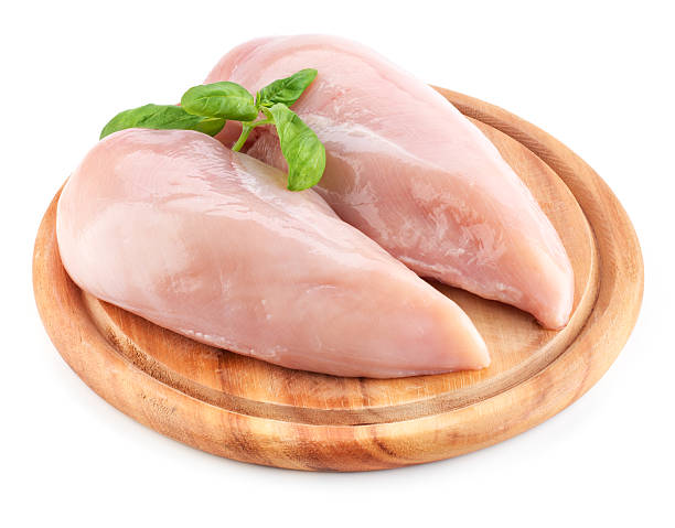 istock Raw chicken fillets on wooden board isolated on white 470097302