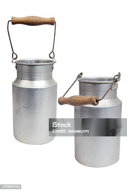 Two Old Nostalgic Milk Cans Isolated Stock Photo - Download Image Now - Milk Canister, Milk, Tin