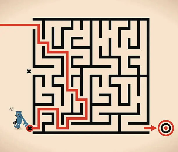 Vector illustration of Man (Businessman) lost in maze, wrong way