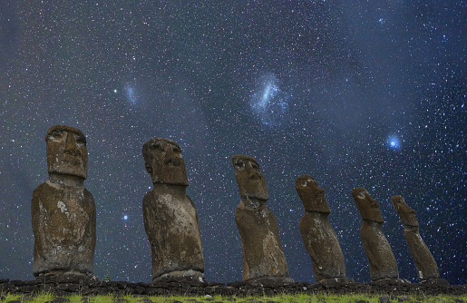Stone statues at night, Easter Island, Chile