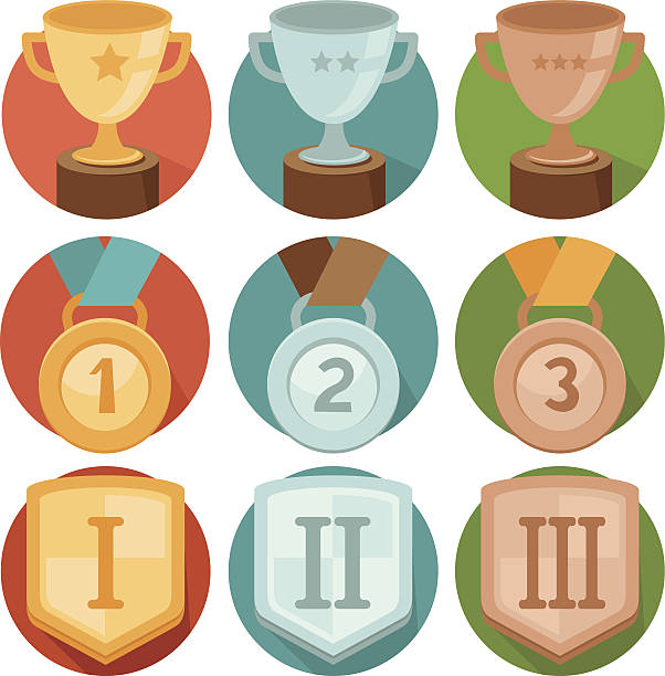 Vector achievement badges - gold, silver, bronze Vector gamification icons in flat trendy style - three winning places in gold, silver and bronze - cup, medal and shiled gamification badge stock illustrations