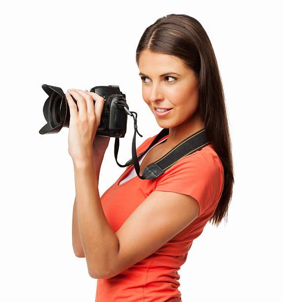 istock Woman Holding A Digital SLR Camera - Isolated 470110943
