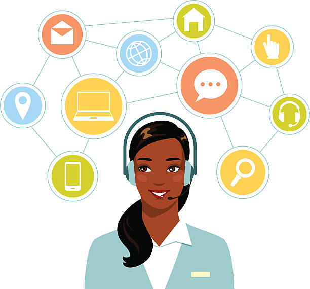 call center online-kunden-support afroamerikanische frau operator - it support service customer service representative computer stock-grafiken, -clipart, -cartoons und -symbole