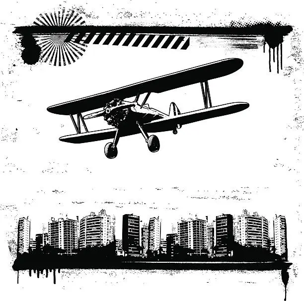Vector illustration of grunge cityscape frame with plane flying
