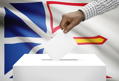 Voting concept - Ballot box with Canadian province flag on background - Newfoundland and Labrador