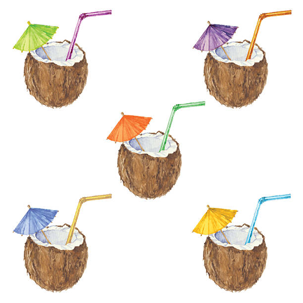 nahtlose muster mit kokosnuss cocktail, gemalt in aquarell.   vektor hintergrund. - drink umbrella stock-grafiken, -clipart, -cartoons und -symbole