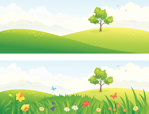 Vector illustration of beautiful green and blooming hills.