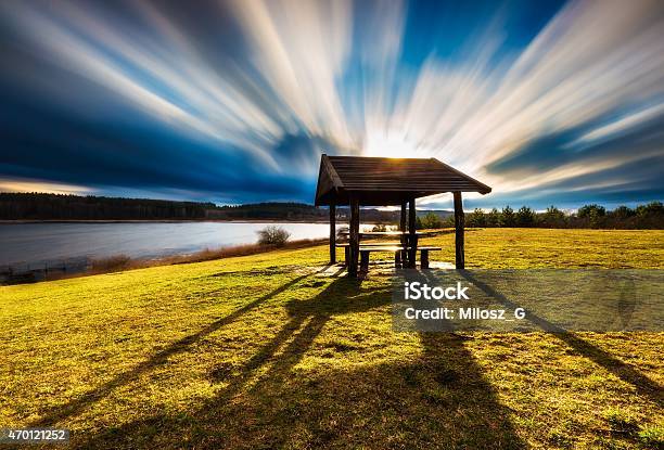 Landscape With Wooden Hut Long Exposure Photo Stock Photo - Download Image Now - 2015, Architecture, Autumn