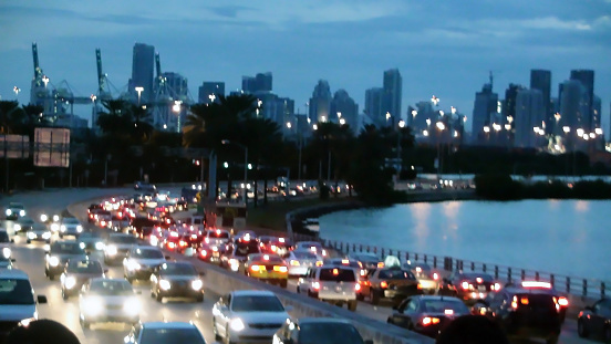 Miami Key Biscayne Boulevard Traffic Jam in the evening. Florida USA