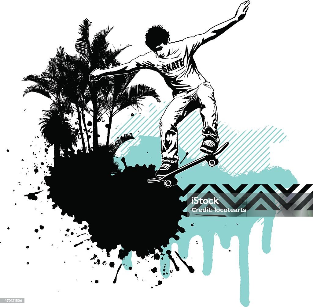 skate rider with stencil summer background skate and summer scene with rider jumping and inky stencil background Competition stock vector