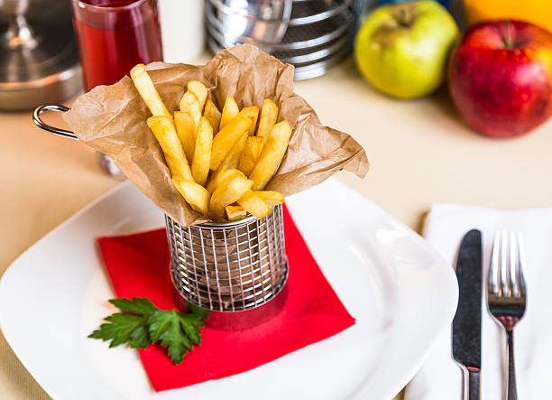 istock Restourant serving dish for child`s menu - stick potatos roast 470125108