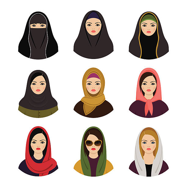 bildbanksillustrationer, clip art samt tecknat material och ikoner med muslim girls avatars set. asian muslim traditional hijab collection - iranian girl
