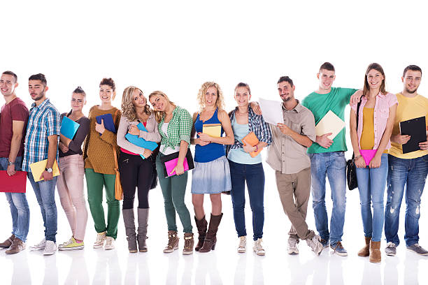 istock Group of happy college students isolated on white. 470134338