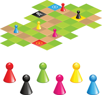 Set of color gaming pieces and  gaming field isolated on white background