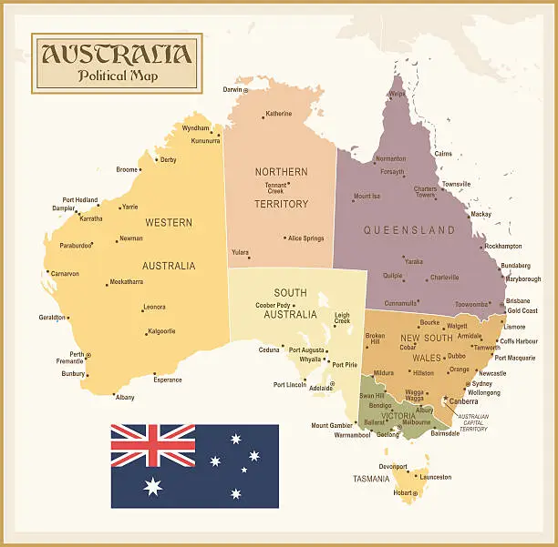 Vector illustration of Colorful vintage map of Australia with divided regions