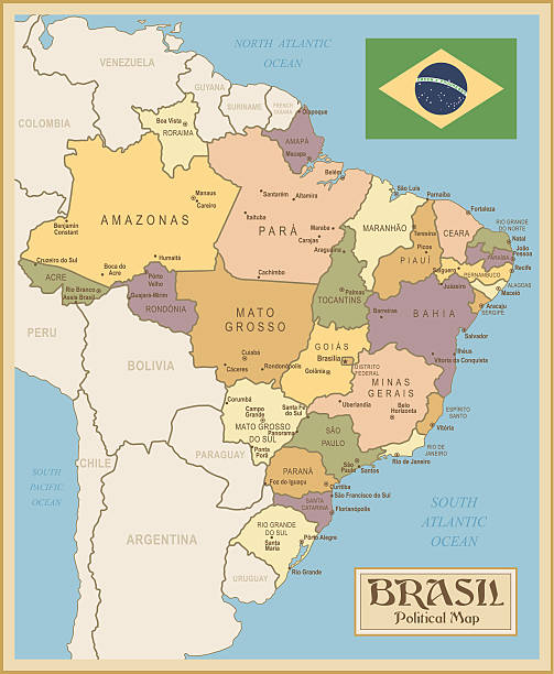 빈티지 맵 브라질 - santos stock illustrations
