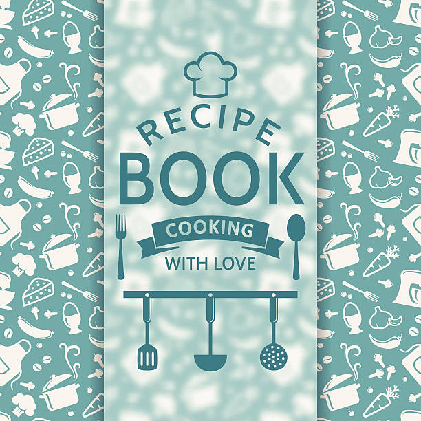 Recipe book. Vector card. Recipe book. Cooking with love. Recipe card with silhouette culinary symbols and typographic badge. Vector background in blue and white colors. cooking patterns stock illustrations
