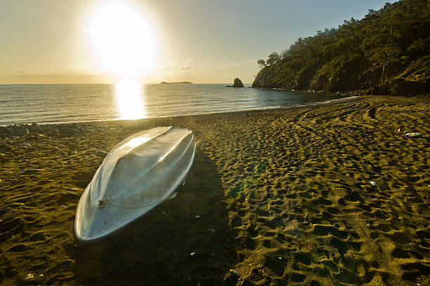 istock white boat on the beach with forest and sky background 470141474
