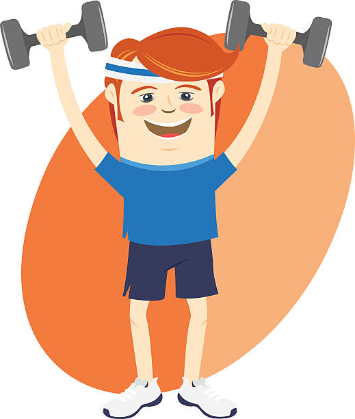 ilustrações de stock, clip art, desenhos animados e ícones de hipster engraçado homem levantando halteres. flat style - health club gym young men dumbbell