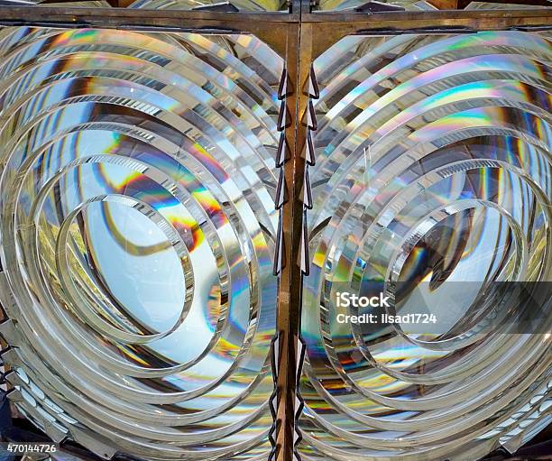 Closeup Of Two Sides Of A Lighthouse Fresnal Lens Stock Photo - Download Image Now - Fresnel Lens, Light Beam, Lighthouse