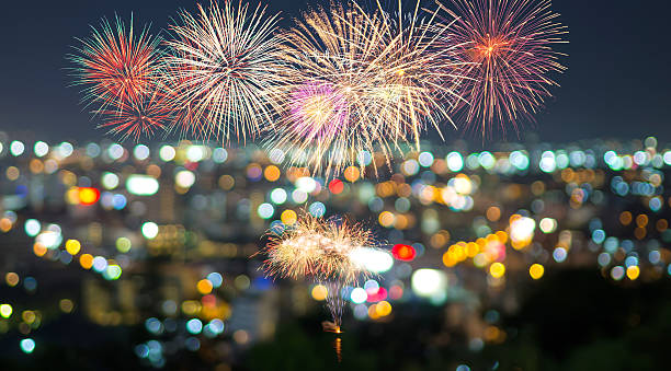 istock Multicolor fireworks with bangkok cityscape Blurred Photo bokeh 470144884