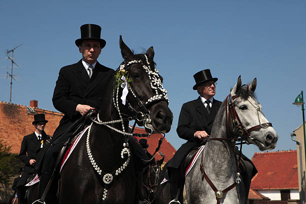 Crostwitz, Germany - April 24, 2011: Easter Riders attend the Easter ceremonial equestrian procession in the Lusatian village of Crostwitz near Bautzen, Upper Lusatia, Saxony, Germany.