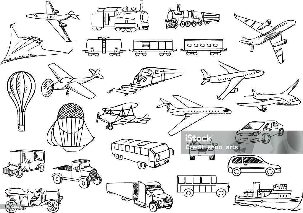 A sketch painting of transportation over the world transportation over the world vector set Airplane stock vector