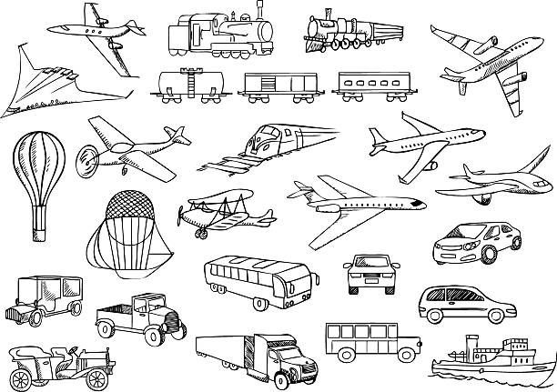 A sketch painting of transportation over the world transportation over the world vector set airplane illustrations stock illustrations